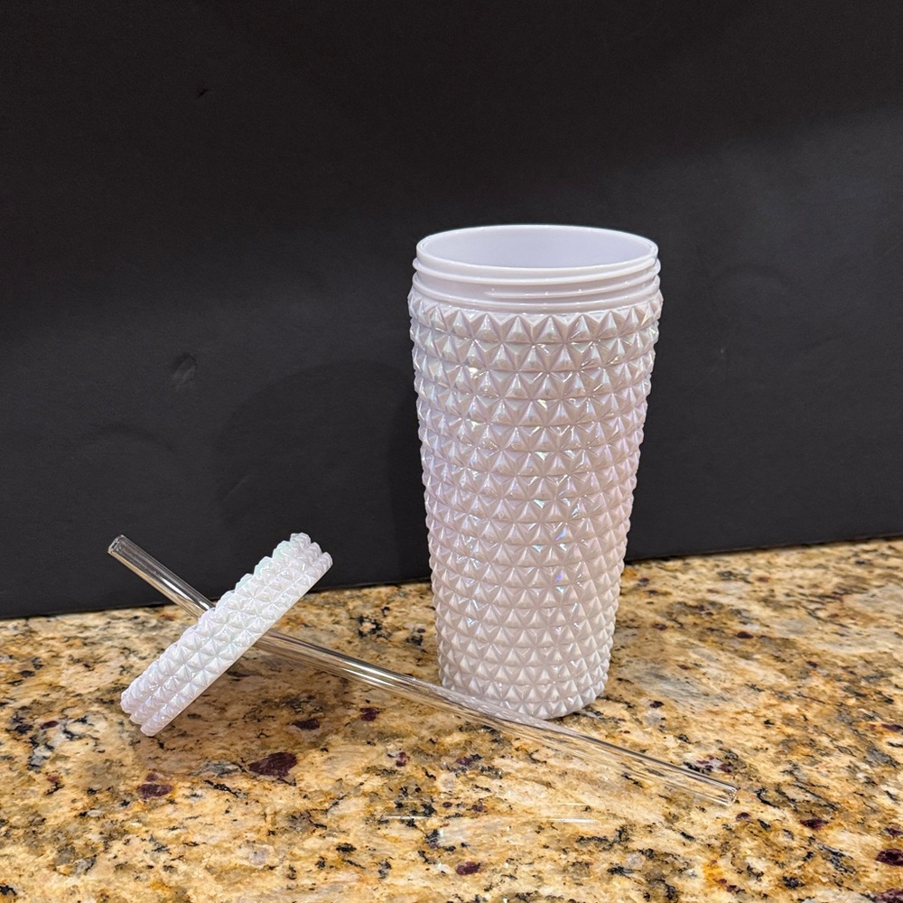 White Textured Tumbler with Clear Straw New